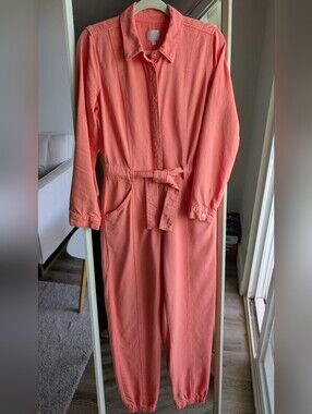 🔥 GUESS Lyocell Utility Jumpsuit Coral Salmon Pink Button-Up  Jogger Leg Size S